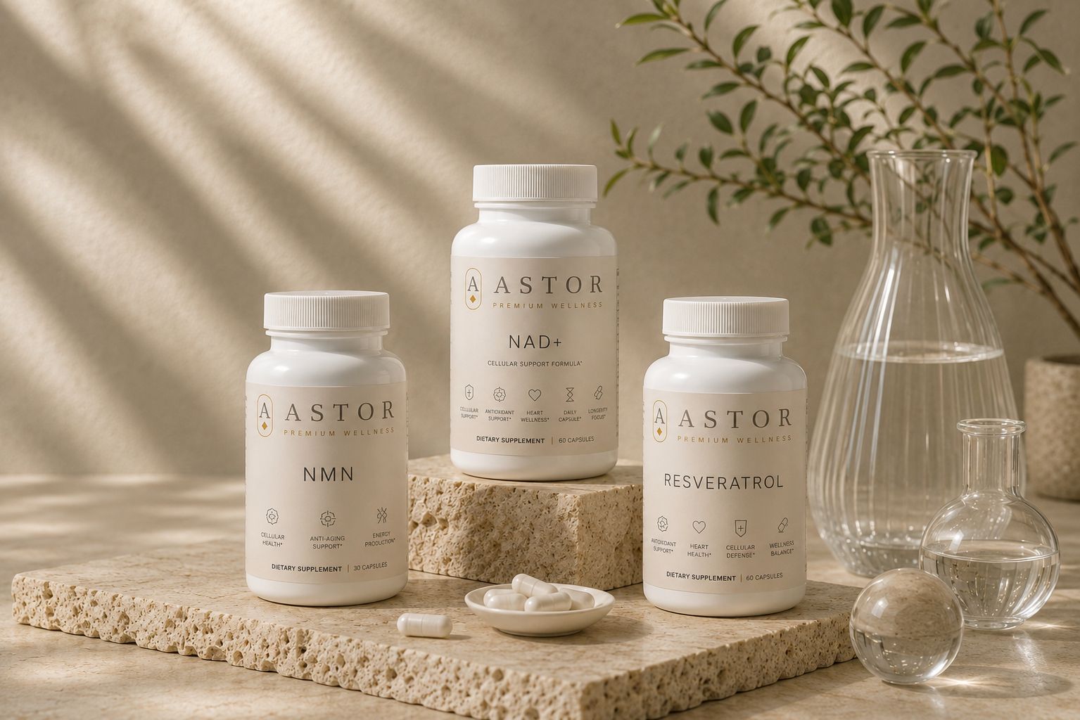 Astor Longevity supplement collection featuring resveratrol capsules for healthy aging and cellular support.